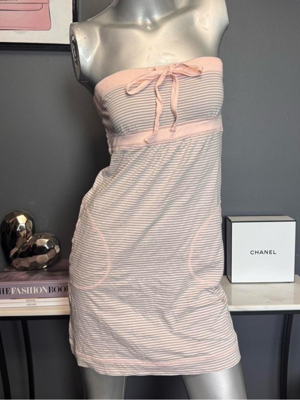 Y2K Pink & grey striped baby doll strapless mini dress with bow detail